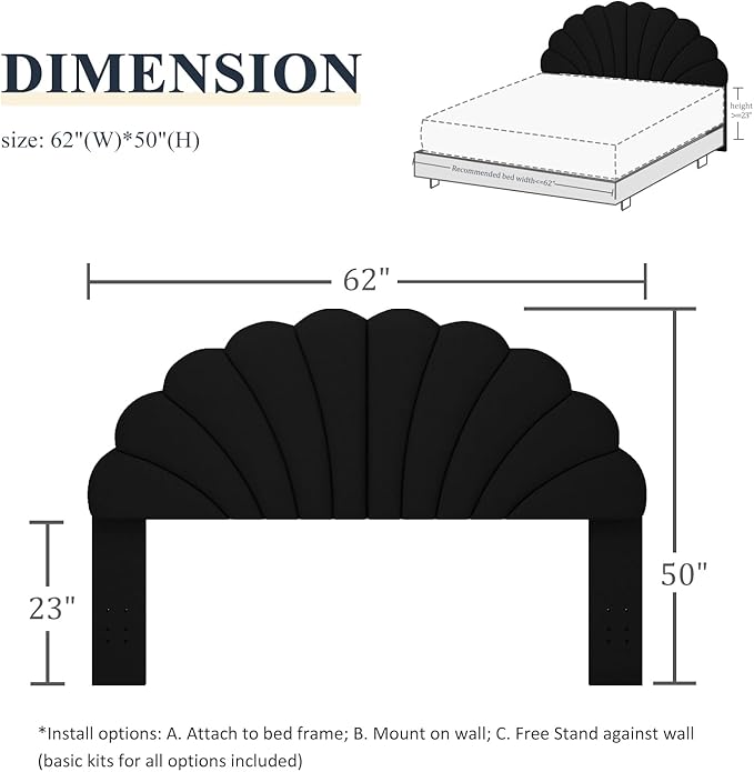 Queen Size Headboard Only, Petal Wall Mount Headboard Queen/Full Size for Adjustable Bed Velvet Upholstered Head Board Easy Assembly, Black