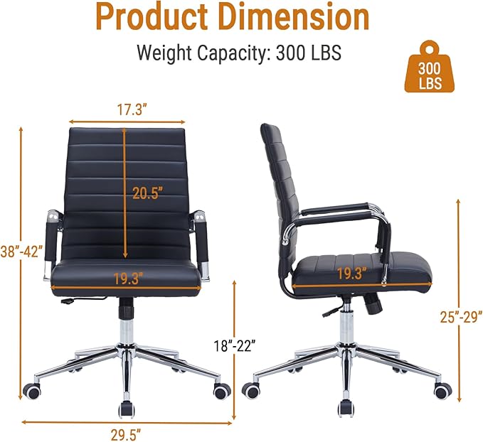 Sidanli Ergonomic Office Chair, Executive PU Leather Desk Chair with Adjustable Lumbar Support and Smooth-Rolling Wheels for Home Office Conference Room, Mid Back, Black