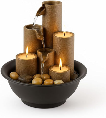 Alpine Corporation WCT202 Indoor Tabletop Tiered Water Fountain Featuring 3 Candles for Desktop and Table, 11", Brown