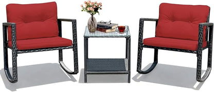 COSTWAY 3 Pieces Patio Rattan Rocking Chair Set, Outdoor Conversation Furniture Sets with Coffee Table, Storage Shelf and Cushions, Modern Bistro Set for Porch, Backyard, Garden, Red