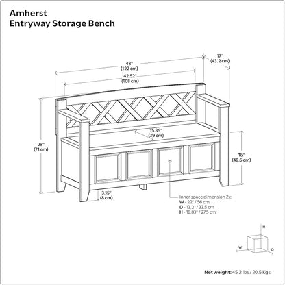 SIMPLIHOME Amherst Entryway Storage Bench - 48 inch Wide Solid Wood Hallway Seat in Farmhouse Brown, Transitional Bench for Entryway or Living Room with Lift-Up Lid and Spacious Storage