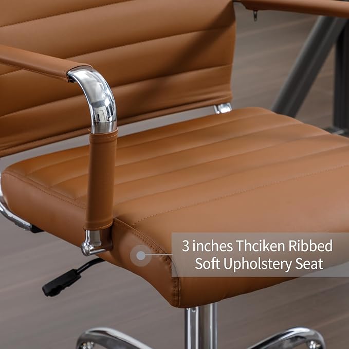 Office Desk Chair Leather, Conference Room Chairs with Wheels, Executive Modern High Back Ergonomic Swivel Rolling Ribbed Computer Chair