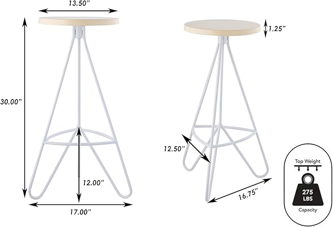 JONATHAN Y BSL1002D Trinity 30" Modern Industiral Iron Tripod Backless Bar Stool for Home, Kitchen, Dining Room, Workspaces, Cafes and Resturants, Almond Seat with White Frame