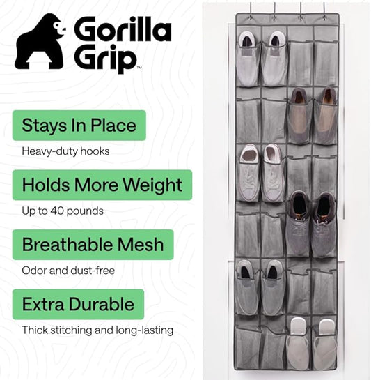 GORILLA GRIP Over the Door Shoe Organizer, 2 Pack, 24 Breathable Mesh Pockets, Space Saving Hanging Storage Holder, Closet Rack Hanger Holds Up to 40 lbs, Hangs on Closets, Shoes, Accessories, Gray