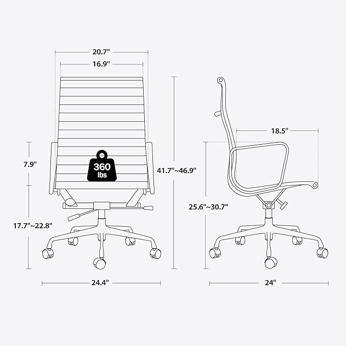 High Back Genuine Leather Ribbed Office Chair-Ergonomic Desk Chair with Aluminum Alloy Armrest & Frame, Swivel Silent Wheels & Tilt Function, Adjustable Height