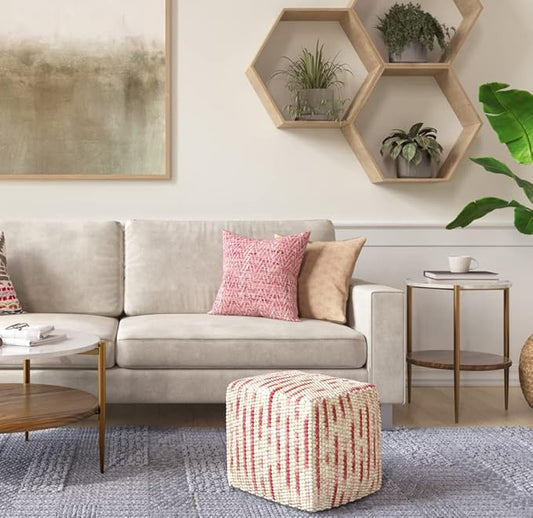 SIMPLIHOME Zoey Boho Cube Woven Pouf in Maroon Cotton and Wool for the Living Room, Bedroom and Kids Room