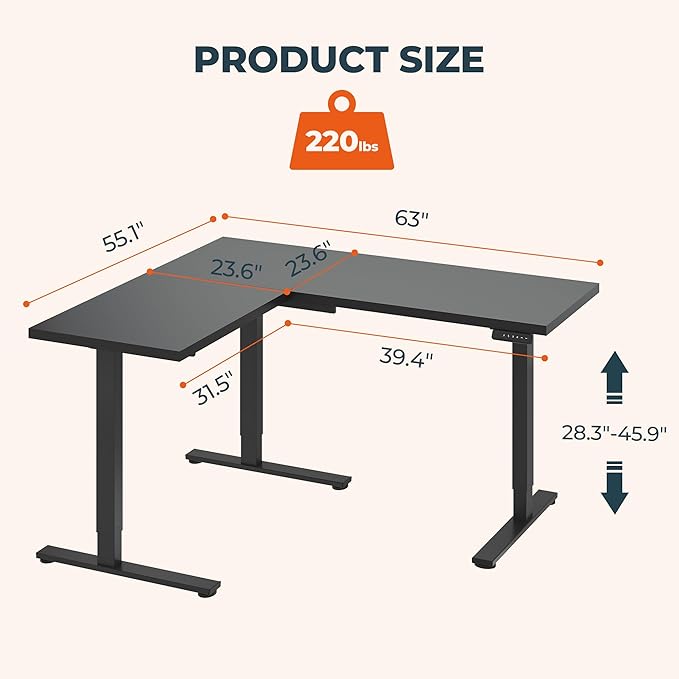 L-Shaped Standing Desk, 63 x 55 Inches Height Adjustable Desk, Sit and Stand up for Work Office Home, Ergonomic Rising Computer Table for Home Office with Splice Board, Black