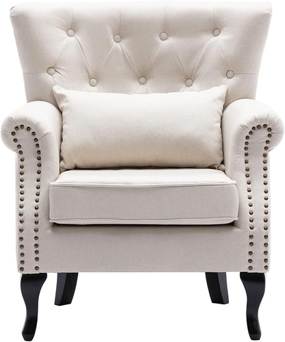 chairus Mid-Century Modern Accent Chair, Comfy Tufted Single Sofa Chair Wingback Armchair with Pillow for Club, Living Room, Bedroom - Linen, Beige