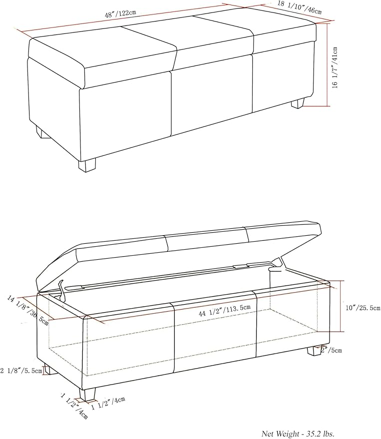 SIMPLIHOME Avalon 48 inch Wide Contemporary Rectangle Storage Ottoman Bench in Slate Grey Linen Look Fabric, Assembled, for the Living Room, Entryway and Family Room