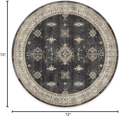 RUGGABLE Washable Vintage Area Rug – Verena Dark Wood 6 ft Round, Stain-Resistant, Non-Slip – Medium Machine Washable Rugs for Living Room, Bedroom, Hallway, Entryway & Office–with Standard Pad