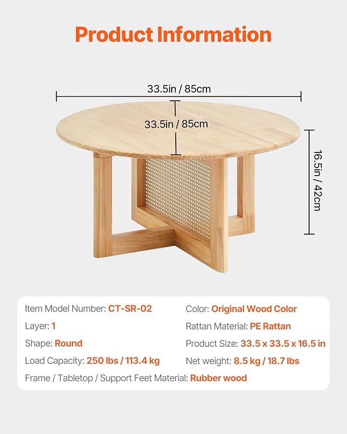 VEVOR Rattan Coffee Table, Round Woven With Rubber Wood Top, 33 in Modern Boho Circular Storage Table With Natural Legs, for Living Room, Bedroom & Small Spaces