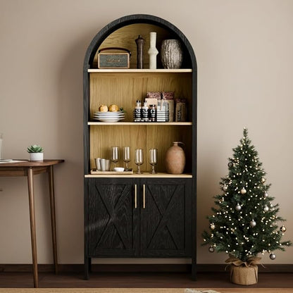 Arch Storage Cabinet with Beech-Wooden Door, 60” Cute Arched Display Cabinet, 4 Tier Farmhouse Buffet Cabinets with Storage for Dining Room, Living Room, Home Office or Kitchen (Black)