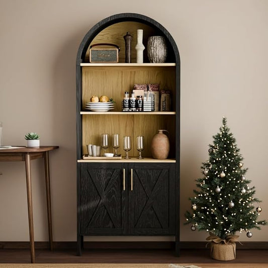 Arch Storage Cabinet with Beech-Wooden Door, 60” Cute Arched Display Cabinet, 4 Tier Farmhouse Buffet Cabinets with Storage for Dining Room, Living Room, Home Office or Kitchen (Black)