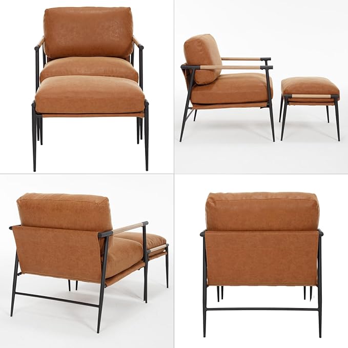 DUOMAY Mid Century Modern Accent Chair with Ottoman Set, PU Brown Upholstered Living Room Chair with Metal Legs Lazy Lounge Chair Set with Footrest for Bedroom Living Room