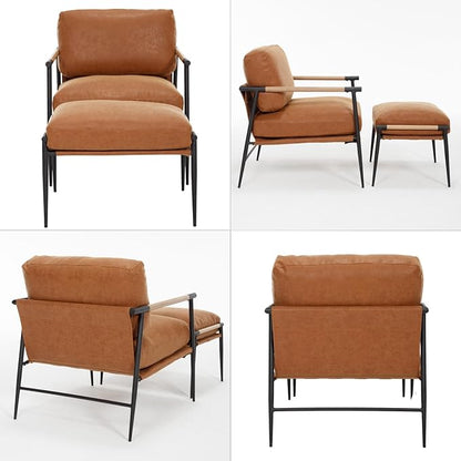 DUOMAY Mid Century Modern Accent Chair with Ottoman Set, PU Brown Upholstered Living Room Chair with Metal Legs Lazy Lounge Chair Set with Footrest for Bedroom Living Room