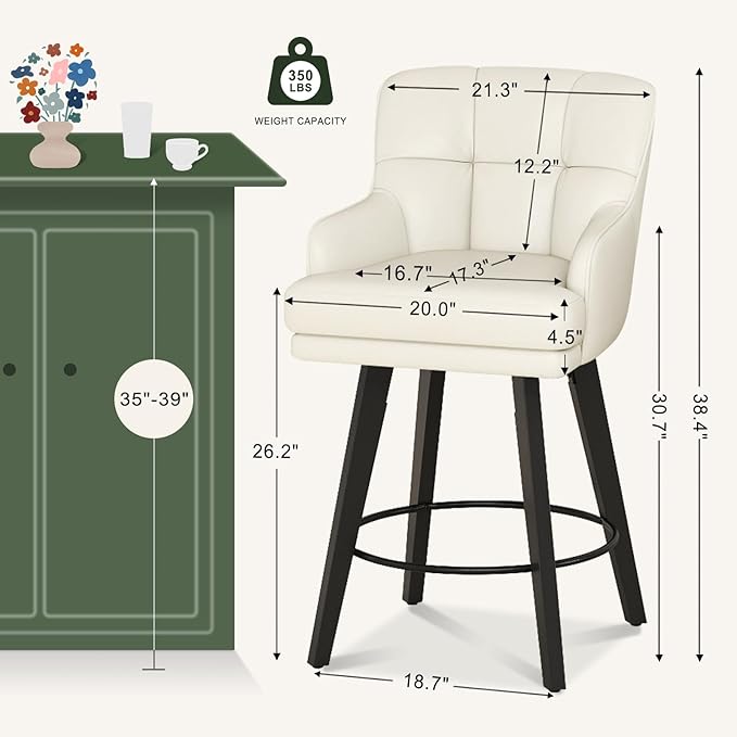 360°Swivel Counter Height Bar Stools with Back, 26 inch Solid Wood Legs, Bar Stool Modern Kitchen Island Chairs, Faux Leather (Beige- Faux Leather, 26" H- Set of 4)