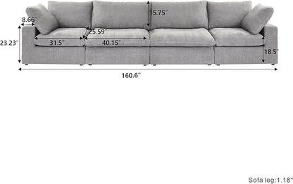 Cloud Modular Sectional Sofa,160" Down Filled Comfort Sofa Couch for Living Room,4 Seater Couches for Livingroon Apartment,Sofa Cover Washable and Replaceable,Grey