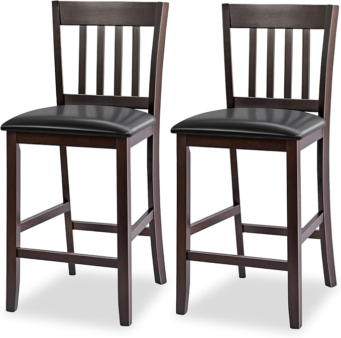 COSTWAY Counter Height Bar Stools Set of 2, 25'' Wooden Pub Chairs with PU Leather Seat, Mid Century Modern Upholstered Island Chairs for Kitchen, Living Room, Dining Room, Bar