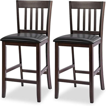 COSTWAY Counter Height Bar Stools Set of 2, 25'' Wooden Pub Chairs with PU Leather Seat, Mid Century Modern Upholstered Island Chairs for Kitchen, Living Room, Dining Room, Bar