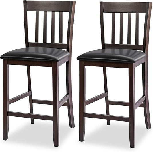 COSTWAY Counter Height Bar Stools Set of 2, 25'' Wooden Pub Chairs with PU Leather Seat, Mid Century Modern Upholstered Island Chairs for Kitchen, Living Room, Dining Room, Bar