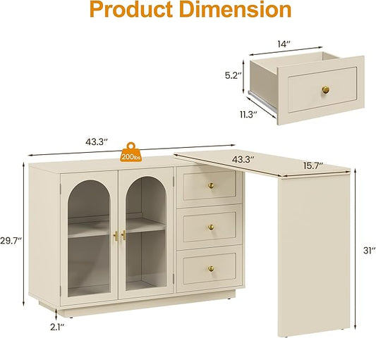 RoyalCraft L Shaped Home Office Desk, Large Extendable and Rotatable Desk with 3 Drawers and 2 Doors, Corner Computer Desk, Modern Study Writing Table for Bedroom, Home Office, Beige