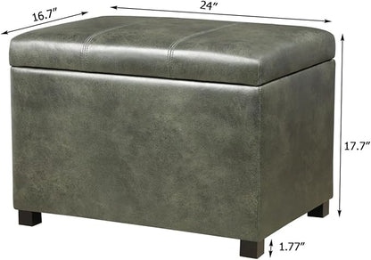 Asense Storage Ottoman Bench,Foot Stool Ottoman with Storage, Faux Leather Foot Rest Seat with Safety Hinge,Wood Legs Stool for Living Room, Bedroom,Enterway,Green