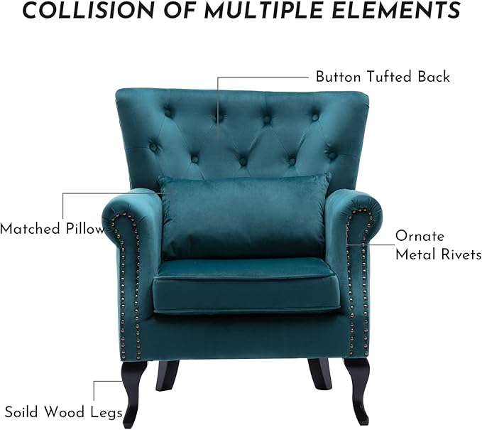 Accent Reading Arm Chairs for Living Room Bedroom, Midcentury Modern Comfy Corner Sofa Chair, Wingback Waiting Room Club Chair with Button Tufted Back &Lumbar Pillow, Velvet Teal