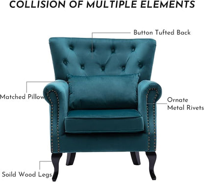 Accent Reading Arm Chairs Set of 2 for Living Room Bedroom, Midcentury Modern Comfy Corner Sofa Chair, Wingback Waiting Room Club Chair with Button Tufted Back &Lumbar Pillow, Velvet Teal