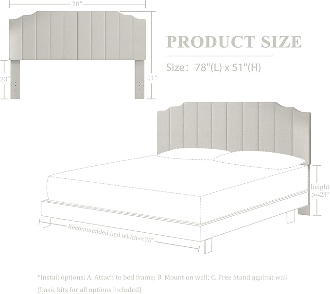 King Size Headboard Only, Linen Wall Mounted Headboard King for Adjustable Bed Modern Upholstered Head Board Easy Assembly, Linen Gray