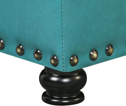Leather Storage Ottoman Bench with Nailhead Trim Chests, Rectangle 24 Inch Foot Rest Ottomans Stool for Living Room Bedroom (Teal Blue)
