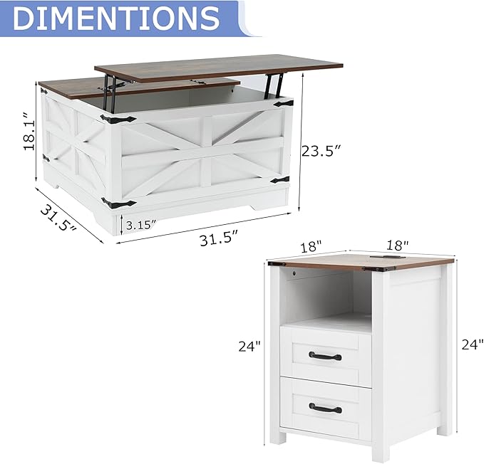 Farmhouse Coffee Table Set of 3, Lift Top Coffee Table with Sliding Barn Doors and Nightstands Set of 2 with Charging Station, Living Room Table Set for Home Office, White