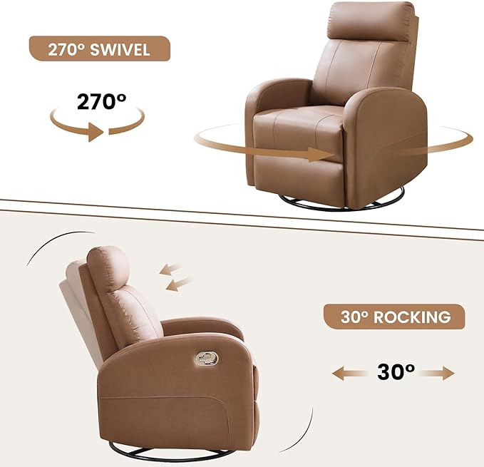 Swivel Rocker Recliner Chair, Manual Faux Leather Recliner, Glider Rocking Recliners 360°Swivel Nursery Reclining Chairs with Adjustable Headrest Highback for Living Room, Coffee