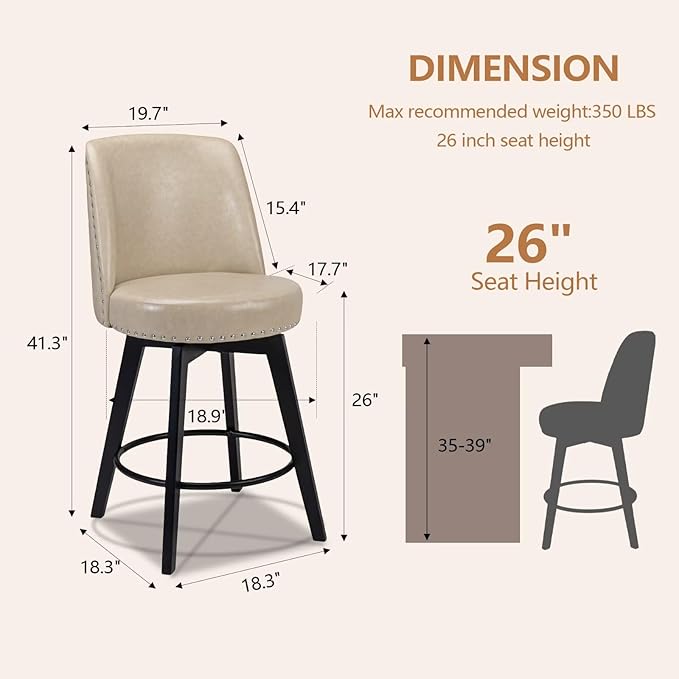 MINCETA Bar Stool, PU Leather Barstool, 26 Inch Upholstered Counter Stool with High Back and Footrest, Swivel Counter Height Barstool for Kitchen Island Home Bar Khaki