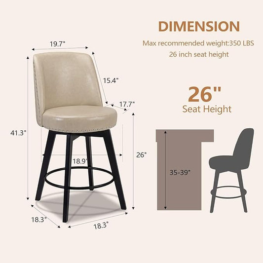MINCETA Bar Stool, PU Leather Barstool, 26 Inch Upholstered Counter Stool with High Back and Footrest, Swivel Counter Height Barstool for Kitchen Island Home Bar Khaki