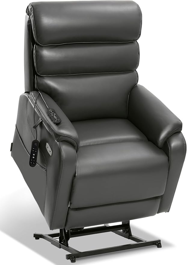EONIX Dual Motor Lay Flat Power Lift Recliner Chair for Elderly, Breathable Faux Leather Electric Lift Chairs for Adults, 400lbs Heavy Duty Power Recliner with Heat Massage Charging Ports, Grey