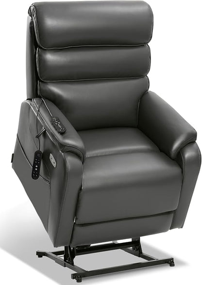 EONIX Dual Motor Lay Flat Power Lift Recliner Chair for Elderly, Breathable Faux Leather Electric Lift Chairs for Adults, 400lbs Heavy Duty Power Recliner with Heat Massage Charging Ports, Grey