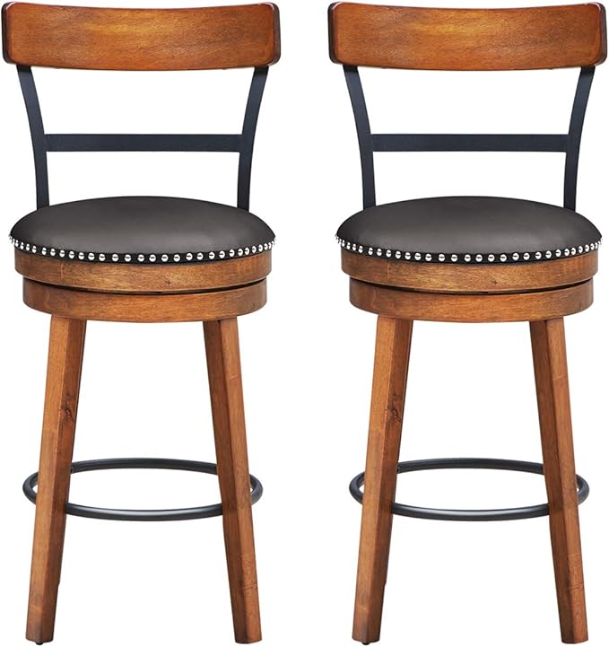 COSTWAY Bar Stools Set of 2, 360-Degree Swivel Stools with Leather Padded Seat, Single Slat Ladder Back & Solid Rubber Wood Legs, Counter Height Stools for Pub, Restaurant, Kitchen, Brown (2, 25.5)