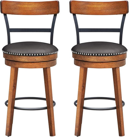 COSTWAY Bar Stools Set of 2, 360-Degree Swivel Stools with Leather Padded Seat, Single Slat Ladder Back & Solid Rubber Wood Legs, Counter Height Stools for Pub, Restaurant, Kitchen, Brown (2, 25.5)