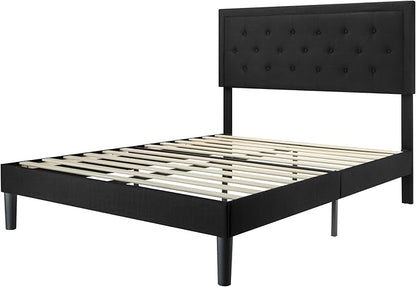 Allewie Queen Size Upholstered Platform Bed Frame with Adjustable Headboard, Button Tufted, Wood Slat Support, Easy Assembly, Black