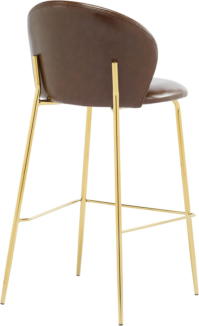 Christopher Knight Home Kira Indoor Upholstered Barstool with Metal Frame Set of 2, Bar Chairs Kitchen Stools, Comfy Faux Leather Bar Seating for Island Kitchen, 29.5''Seat Height, Dark Brown+Gold