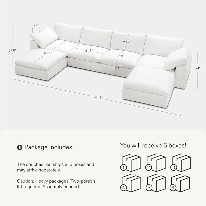 Modular Sectional Sofa, 141.7" L Shaped Modern Sofa Modular Sectional Cloud Couch with Ottoman, Modern Cloud Sectional Couches for Living Room, Deep Seat Sofa with Washable Cover