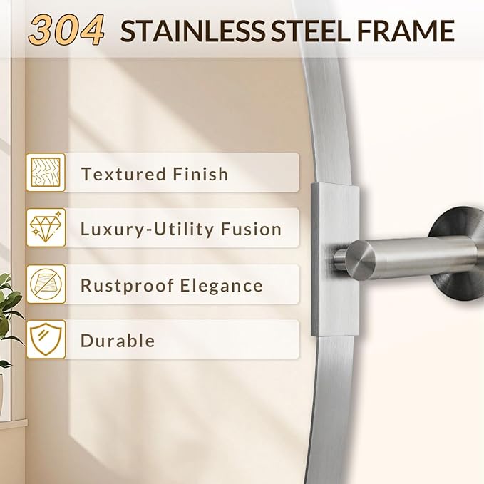 ANDY STAR Brushed Nickel Bathroom Mirror, 22 x 34 Inch Oval Pivot Mirror for Wall, Unique Farmhouse Tilt Mirror in Slim Silver Stainless Steel Metal Frame for Bedroom, Powder Room