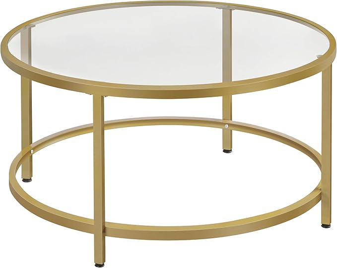 Yaheetech Gold Glass Coffee Table for Living Room, 36" Round Glass Coffee Table with Metal Frame, Circle Coffee Table for Home, Office, Apartment