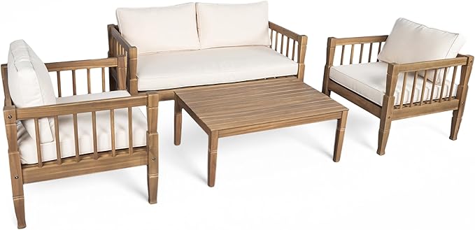 Scott Living Darla 4 Piece Outdoor Rustic Acacia Wood Seating Set, 4 Seater Conversation Set, Acacia Wood Loveseat and Club Chairs, Sofa Set with Cushion, Retangular Coffee Table, Light Gray+Beige