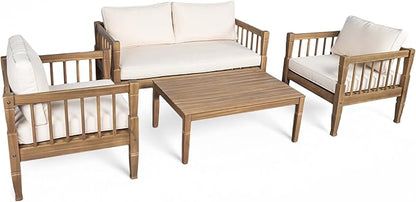Scott Living Darla 4 Piece Outdoor Rustic Acacia Wood Seating Set, 4 Seater Conversation Set, Acacia Wood Loveseat and Club Chairs, Sofa Set with Cushion, Retangular Coffee Table, Light Gray+Beige
