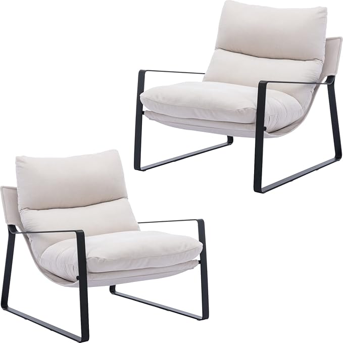 Mid-Century Accent Chair Set of 2, Comfy Side Chair with Armrest Chenille Fabric, Upholstered Leisure Chair with Black Metal Frame for Living Room Bedroom Reception Room, White