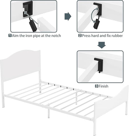 Timy Kids Twin Bed Frame with Wooden Headboard and Footboard, Metal Platform Bed Frame for Boys Girls Teens Adults, Modern Kids Furniture, No Box Spring Needed, White