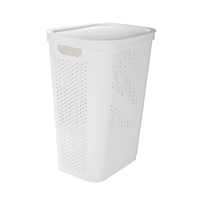 Mind Reader 60L Slim Laundry Hamper, Clothes Basket, Lid, Ventilated, Plastic, Set of 2, White
