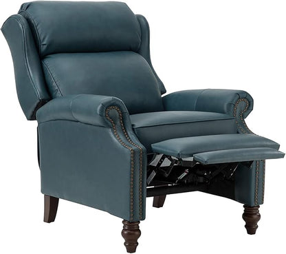 HULALA HOME Genuine Leather Recliner Chair, Traditional Manual Pushback Comfy Seating for Living Room, Thick Cushion & Solid Wood Legs, Wingback Recliner with Nailhead Trim, Turquoise