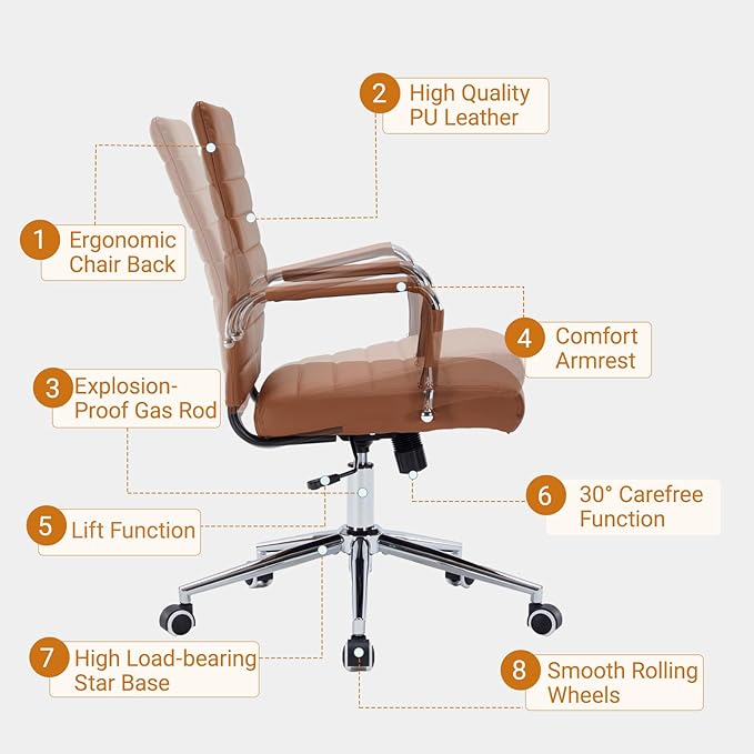 Sidanli Office Desk Chairs with Wheels, Executive Swivel Rolling Faux Leather Computer Chair with Comfortable Lumbar Support for Home Office(Mid Back, Brown)